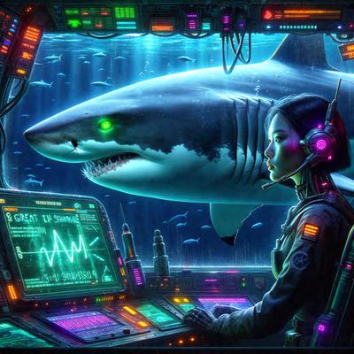 The primary subject of the image is a woman sitting in front of a computer, with a shark in the background. The setting appears to be a futuristic environment, possibly a control room or a space station. The visual style is digital art, with the woman and the shark being the main focus of the image. The colors and mood are dark and mysterious, with the woman's presence and the shark's presence creating a sense of tension and intrigue.